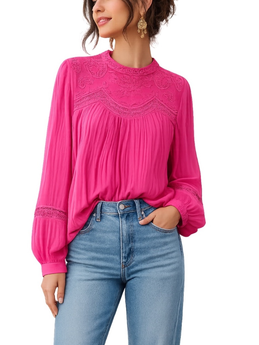 By Anthropologie Harmony Hot Pink Fuchsia Lace Trim Blouse Top Sz M Boho Chic